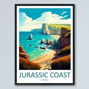 May include: A colourful illustration of the Jurassic Coast in England. The image shows a rocky coastline with a sandy beach and turquoise water. The sky is blue with white clouds. The text "Jurassic Coast" and "England" is at the bottom of the image.