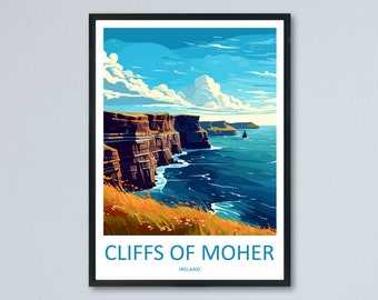 Puede incluir: Una ilustración colorida de los Acantilados de Moher en Irlanda. La imagen muestra una vista dramática de los acantilados con un cielo azul y nubes blancas. El texto "Cliffs of Moher" e "Ireland" se muestra en la parte inferior de la imagen.