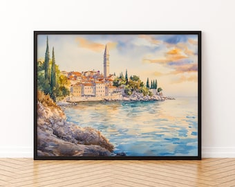 Plakat podróżniczy Rovinj z akwarelą, stare miasto, nadmorski wydruk artystyczny, Chorwacja, dekoracja ścienna, uroczy prezent dla miłośników sztuki, Istria, podróże artystyczne