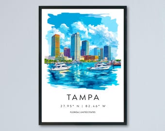Tampa akvarell poster väggkonst Tampa väggdekoration heminredning Tampa present USA konstälskare present, resesouvenirtryck