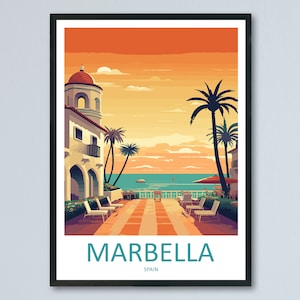 Marbella reizen print muurkunst Marbella muur hangend woondecoratie Marbella cadeau kunstliefhebbers Spanje kunstliefhebber cadeau Marbella wanddecoratie Spanje deco
