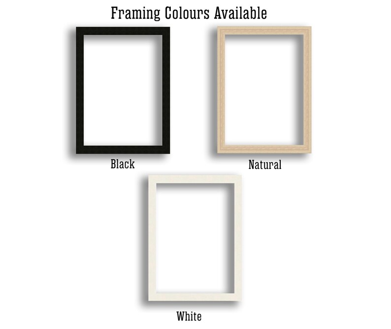May include: Three picture frames in black, natural, and white, displayed against a white background. The text "Framing Colours Available" is at the top, with the color names below each frame.