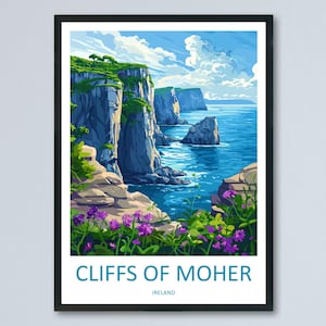Póster de viaje de dibujos animados de los acantilados de Moher, arte mural de Irlanda, impresión costera, ilustración de la naturaleza, decoración atlántica salvaje, regalo de recuerdo irlandés.