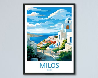 May include: A framed art print depicting a coastal scene in Milos, Greece. The artwork features white buildings with blue domes and red roofs, set against a backdrop of a blue sea and sky with fluffy white clouds. The word "MILOS" is printed at the bottom.