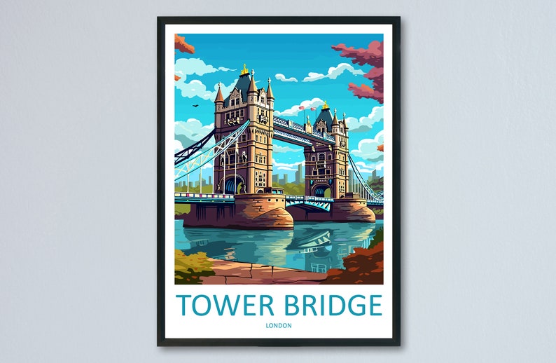 May include: A colorful illustration of Tower Bridge in London, England. The bridge is a famous landmark with two towers and a walkway connecting them. The sky is blue with white clouds and the river below is blue with reflections of the bridge.