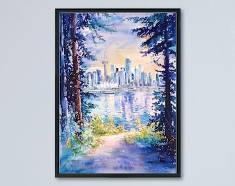May include: Watercolour painting of a cityscape framed by trees. The artwork depicts a skyline with tall buildings and a prominent tower, reflected in the water. The colour palette includes blues, greens, and yellows, creating a serene landscape.