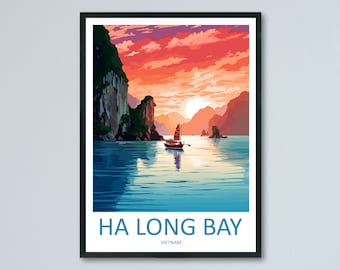 May include: A colorful poster with a scenic view of Ha Long Bay in Vietnam. The poster features a traditional Vietnamese boat sailing through the bay, with towering limestone cliffs and a vibrant sunset in the background.