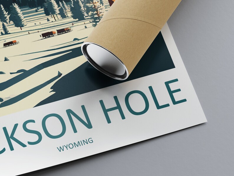May include: A vintage-style poster with a teal blue and white design featuring a snowy mountain landscape and the text "JACKSON HOLE WYOMING". The poster is rolled up and ready to be displayed.