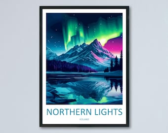 May include: A framed print featuring a vibrant depiction of the Northern Lights over a mountain range and a reflective lake. The artwork showcases a color palette of blues, greens, and purples, with the text "NORTHERN LIGHTS ICELAND" at the bottom.