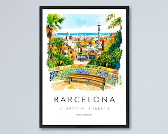 Póster de acuarela de Barcelona, impresión de viaje de Barcelona, arte mural de Barcelona, pintura del paisaje urbano de Barcelona, recuerdo de Barcelona, decoración de España