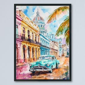 Cuba Watercolor Poster Cuba Travel Print Cuba Wall Art Vintage Car Painting Havana Cityscape Cuba Souvenir Decor