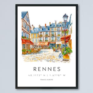 Affiche aquarelle de Rennes, art mural de Rennes, impression de voyage de Rennes, décoration de la ville de Rennes, peinture de Rennes, France, oeuvre d'art de l'affiche de Rennes