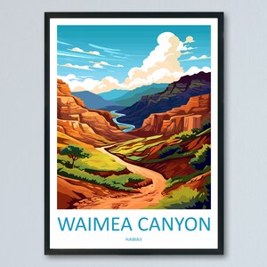 May include: A colorful illustration of Waimea Canyon in Hawaii. The canyon is a deep, narrow gorge with a winding road leading down to the bottom. The sky is blue with white clouds.