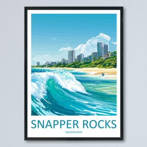 May include: A colorful illustration of a beach scene with a large wave crashing in the foreground. The background shows a city skyline with tall buildings and palm trees. The text "SNAPPER ROCKS QUEENSLAND" is at the bottom of the image.