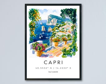 Capri Aquarell Poster Capri Reise Druck Capri Wandkunst Capri Landschaft Malerei Capri Souvenir Italienische Insel Dekor