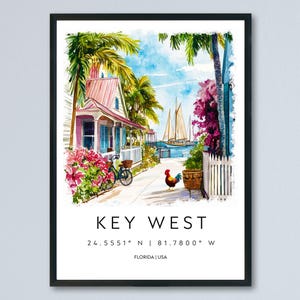 Key West aquarel poster Key West reizen print Florida Wall Art Key West Island decor tropisch strand scène zonsondergang kustlijn print