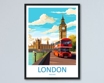May include: A vintage-style travel poster featuring a red double-decker bus driving past Big Ben and the Houses of Parliament in London, England. The poster has a blue sky with white clouds and the text "LONDON, ENGLAND" at the bottom.