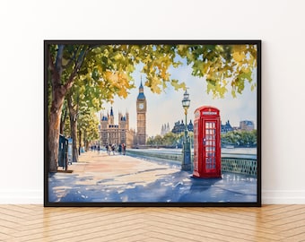 Póster de acuarela de Londres, Inglaterra, impresión de viaje de Londres, pintura del horizonte de la ciudad, monumento, arte mural, decoración del Reino Unido, recuerdo.