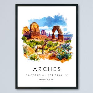 Arches National Park Aquarell Poster Arches Reisedruck Utah Wandkunst Arches Landschaftsdekor Wüste Arch Szene Südwesten Naturdruck