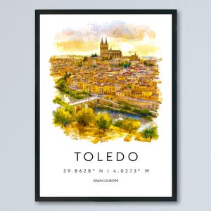 トレド水彩画ポスター トレド旅行プリント スペイン壁アート トレド装飾 歴史的な街の風景 大聖堂の眺め スペイン風景プリント