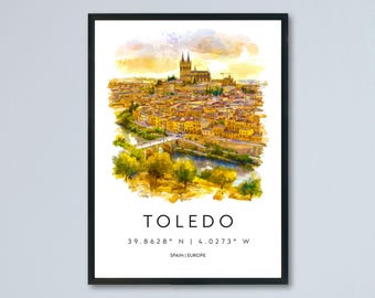 Toledo Watercolor Poster Toledo Travel Print Spain Wall Art Toledo Decor Historic City Scene Cathedral View Spanish Landscape Print