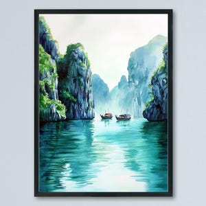 Póster de acuarela de la bahía de Ha Long, impresión de viaje de la bahía de Ha Long, arte mural de Vietnam, decoración de la bahía de Ha Long, impresión de naturaleza marina de islas de piedra caliza