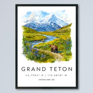 Grand Teton Watercolor Poster Grand Teton Travel Print Wyoming Wall Art National Park Decor Mountain Landscape Grand Teton Scene Print
