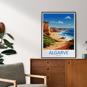May include: A colorful illustration of a beach scene with cliffs, a sandy beach, and blue ocean waves. The text "ALGARVE PORTUGAL" is printed below the image.