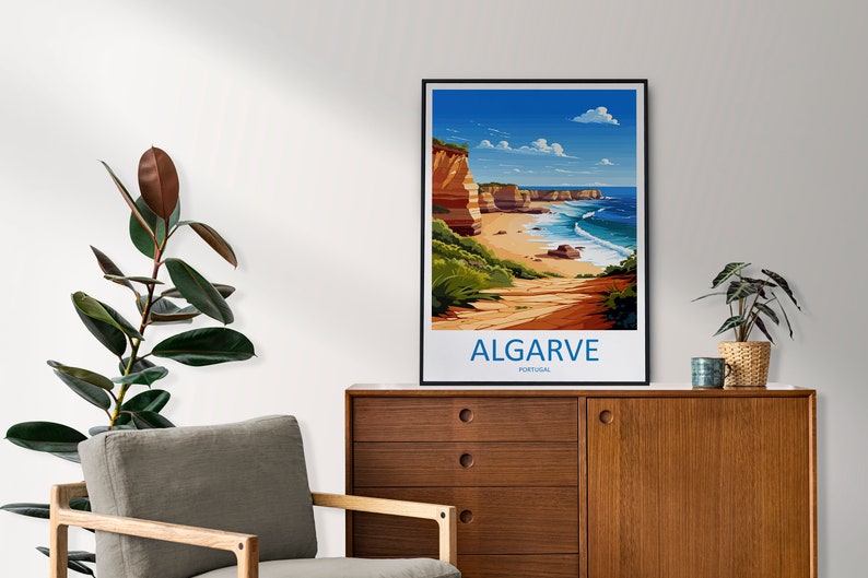May include: A colorful illustration of a beach scene with cliffs, a sandy beach, and blue ocean waves. The text "ALGARVE PORTUGAL" is printed below the image.