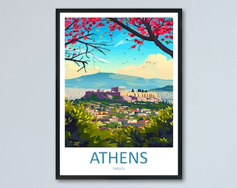 May include: A framed art print featuring a stylized illustration of Athens, Greece. The image showcases the Acropolis, with a vibrant sky, red flowering trees, and the city below. The word "ATHENS" is displayed in teal.