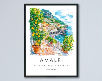 Amalfi Watercolor Poster Amalfi Travel Print Amalfi Wall Art Amalfi Coast Painting Amalfi Souvenir Italian Decor