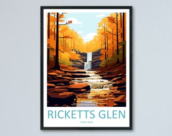 Puede incluir: Una ilustración colorida de una cascada en el Parque Estatal Ricketts Glen. La imagen presenta una cascada en cascada rodeada de árboles con hojas vibrantes de color naranja y amarillo. El texto "Ricketts Glen State Park" se muestra en la parte inferior de la imagen.