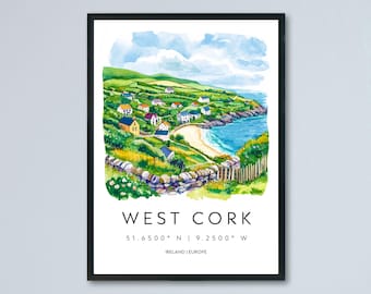Póster de acuarela de West Cork, arte mural, decoración de pared de West Cork, decoración del hogar, regalo de West Cork, regalo para amantes del arte irlandés, impresión de recuerdo de viaje
