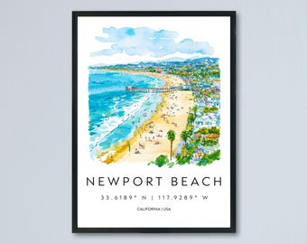 Newport Beach Watercolor Poster Newport Beach California Travel Print Wall Art Newport Beach Home Decor Newport Beach Gift Art Beach