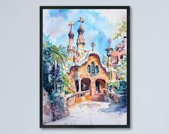 Pôster de aquarela de Barcelona, impressão de viagem de Barcelona, arte de parede de Barcelona, pintura de Barcelona, lembrança de Barcelona, decoração da Espanha