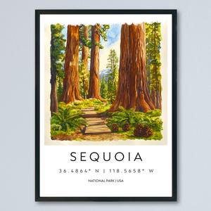 Sequoia Nationalpark Aquarell Poster Sequoia Reise Print Wand Kunst Wald Malerei Mammutbaum Souvenir Baum Dekor