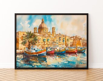 Póster de acuarela de Malta, arte mural con paisaje de Malta, colgante de pared, decoración del hogar, regalo de Malta, amantes del arte, arte mural de Malta
