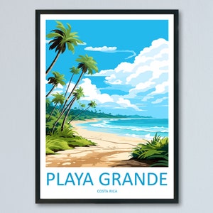 May include: A colourful illustration of a beach scene with palm trees, blue sky, white clouds, and a sandy beach with turquoise water. The text "PLAYA GRANDE COSTA RICA" is at the bottom of the image.