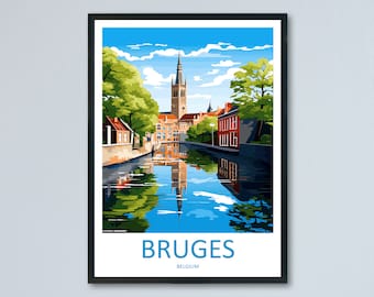 May include: A colorful illustration of the city of Bruges, Belgium. The image features a canal with a reflection of the city's buildings and a tall church steeple. The text "BRUGES" and "BELGIUM" is printed below the image.