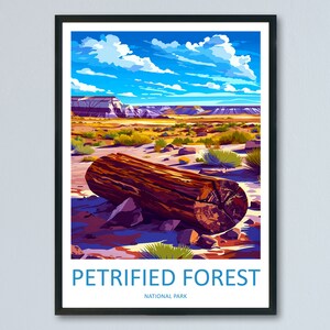 May include: A colorful illustration of a petrified log in a desert landscape. The sky is blue with white clouds. The text "Petrified Forest National Park" is at the bottom of the image.