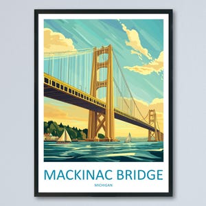 Mackinac Bridge Travel Print Mackinac Bridge Wall Decor Michigan Mackinac Art Mackinac Bridge Wall Art Great Lakes Poster Gift Bridge Lake