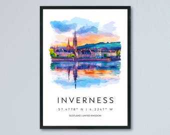 May include: Watercolor print of Inverness, Scotland, framed in black. The artwork depicts a colorful landscape with a river reflecting the city's buildings and sky. Text at the bottom reads "INVERNESS" and coordinates.