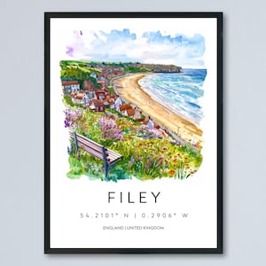 Filey Watercolor Poster Filey Travel Print Filey Wall Art Seaside Painting Filey Beach Yorkshire Coast Souvenir Decor