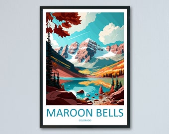 Puede incluir: Una ilustración colorida de Maroon Bells, una cordillera en Colorado, con un lago que refleja las montañas y un cielo azul con nubes. El texto "MAROON BELLS COLORADO" está en la parte inferior de la imagen.