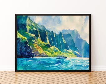 Nā Pali Coast Hawaii Watercolor Poster Kauai Travel Print Landscape Painting Coastal Wall Art Tropical Island Souvenir