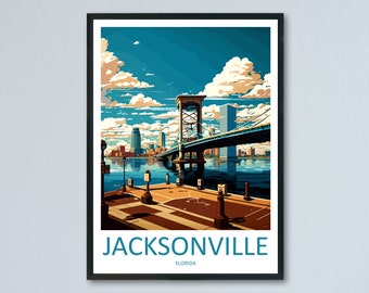 Może przedstawiać: Kolorowa ilustracja panoramy Jacksonville z mostem nad akwenem wodnym. Tekst "JACKSONVILLE FLORIDA" znajduje się na dole obrazu.