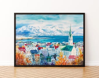 Reykjavik aquarel poster landschap muur kunst Reykjavik muur hangend woondecoratie Reykjavik cadeau kunstliefhebbers IJsland kunst aan de muur