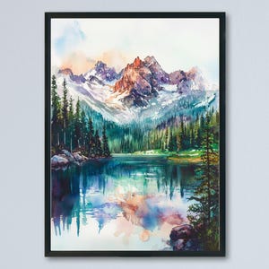 Póster de acuarela de las Montañas Rocosas, impresión de viaje a las Montañas Rocosas, arte del Parque Nacional de las Montañas Rocosas, decoración de las Montañas Rocosas, arte mural de las Montañas Rocosas