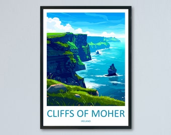 Puede incluir: Un póster enmarcado con una ilustración colorida de los Acantilados de Moher en Irlanda. El póster presenta un cielo azul con nubes blancas, hierba verde y un océano azul con acantilados rocosos. El texto "Cliffs of Moher" e "Ireland" está impreso en azul en la parte inferior del póster.