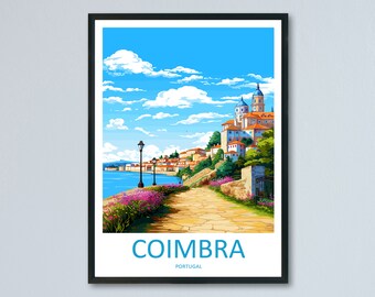 Pode incluir: Uma ilustração colorida da cidade de Coimbra, Portugal. A imagem apresenta uma paisagem urbana com uma igreja, edifícios e um caminho que leva à água. O céu é azul com nuvens brancas. O texto "COIMBRA" e "PORTUGAL" está na parte inferior da imagem.